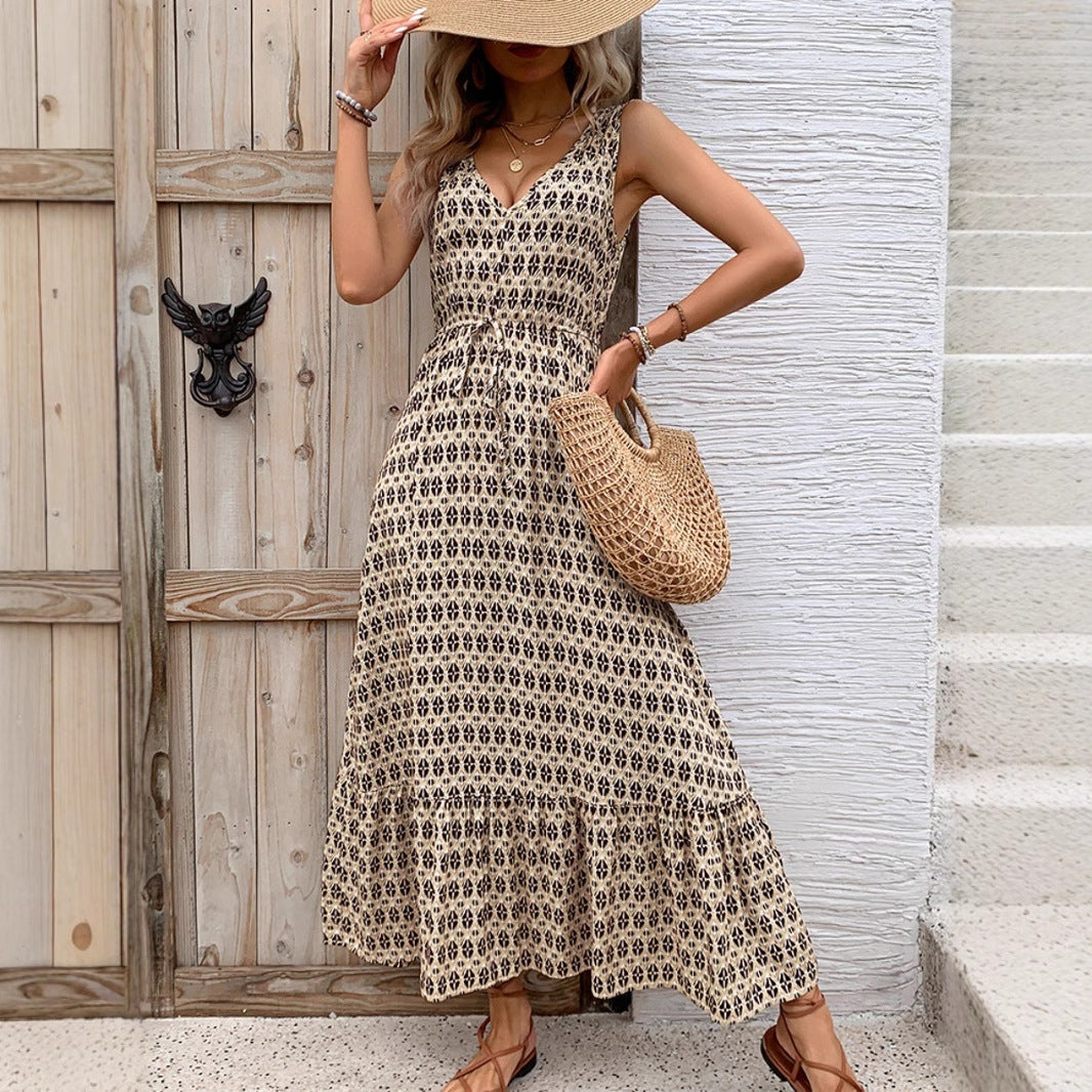 Lena Damen Midi Kleid - Ärmellos V-Ausschnitt Bohemian Print Sommerkleid für Freizeit und Urlaub-4