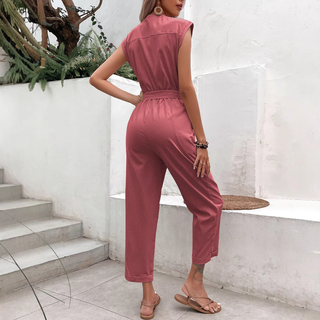 Lena Damen Jumpsuit – Elegant Ärmellos V-Ausschnitt Festlich, Entspannte Passform, Krawattentaille, Sommer Outfit-2