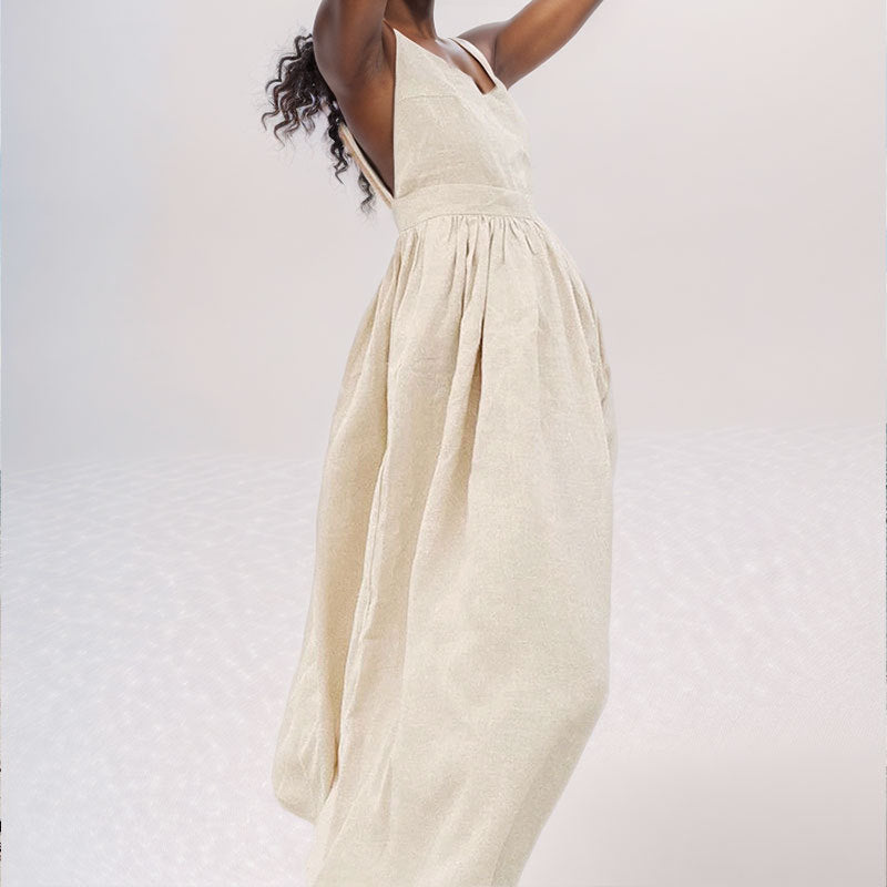 Variant image for Lena Damen Midi Kleid - Leinenmisch V-Ausschnitt, Offener Rücken, Sommerkleider für Freizeitveranstaltungen-5