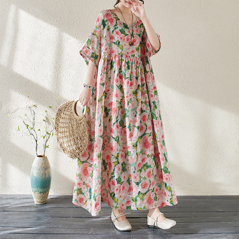 Variant image for Lena Damen Maxikleid Sommer - Eleganter Blumendruck - Lockere Passform - Atmungsaktive Baumwollmischung-1