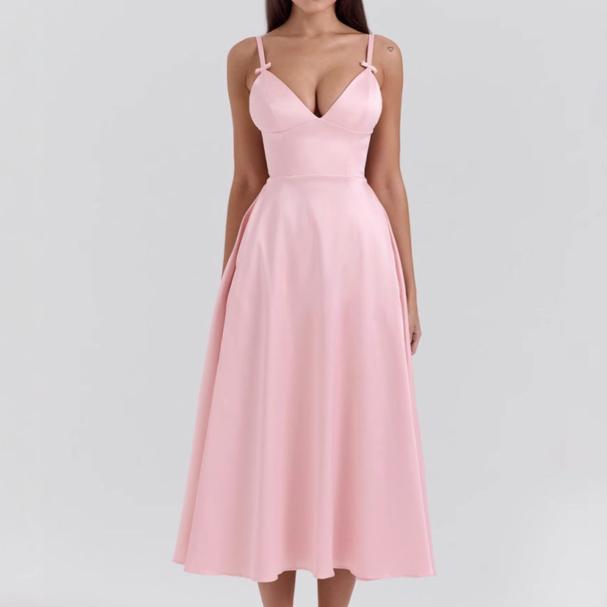 Variant image for Orion Elegantes Satin-Kleid Damen - V-Ausschnitt Spaghetti-Träger A-Linie Festliches Kleid für Hochzeitsgast-1
