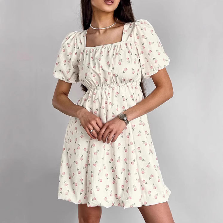 Damen A-Linien Kleid Blau Größe M Baumwollmischung mit Puffärmeln und Blumendruck-2