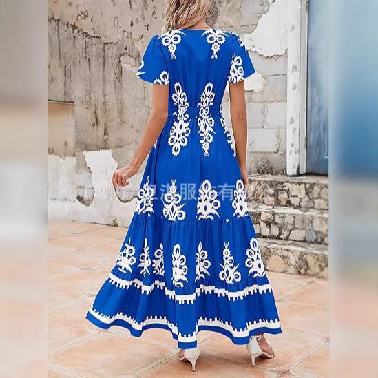 Variant image for Orion Elegantes Maxikleid Sommer Damen - V-Ausschnitt Blumendruck A-Linie Baumwollmischung Lange Kleider für Freizeit-16