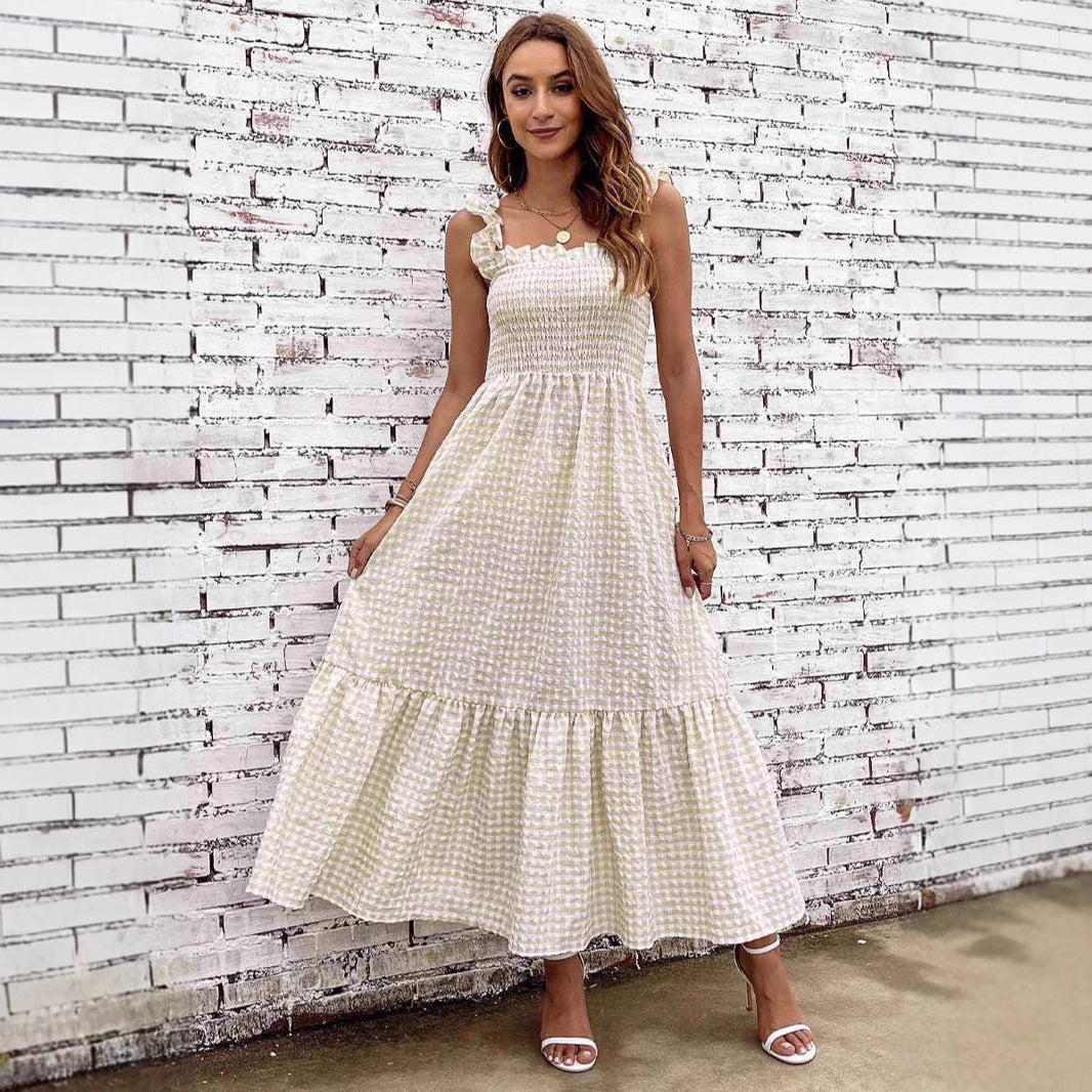 Lena A-Linie Kleid Damen mit Smocked Mieder und Maxirock – Kariertes Musterdesign für Frühling/Sommer-2