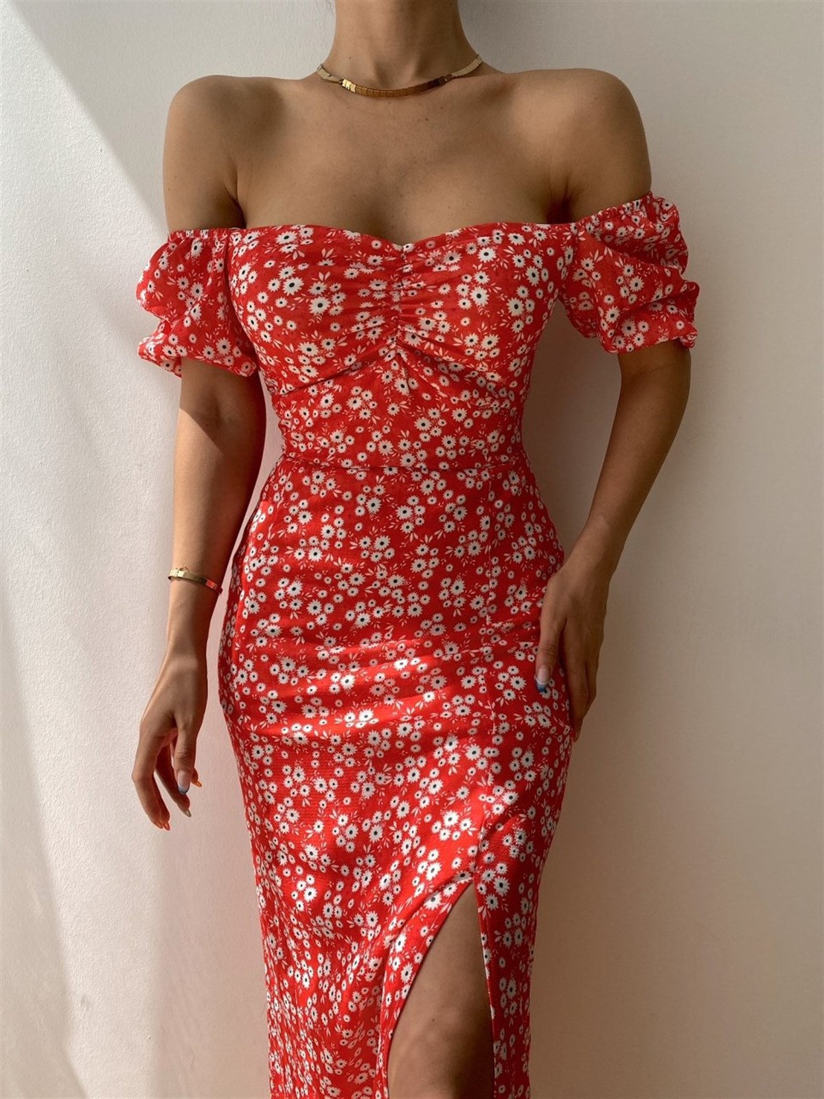 Lena Damen Midi Kleid - Off-Shoulder Raffung Puffärmel für Cocktail und Abendveranstaltungen-1