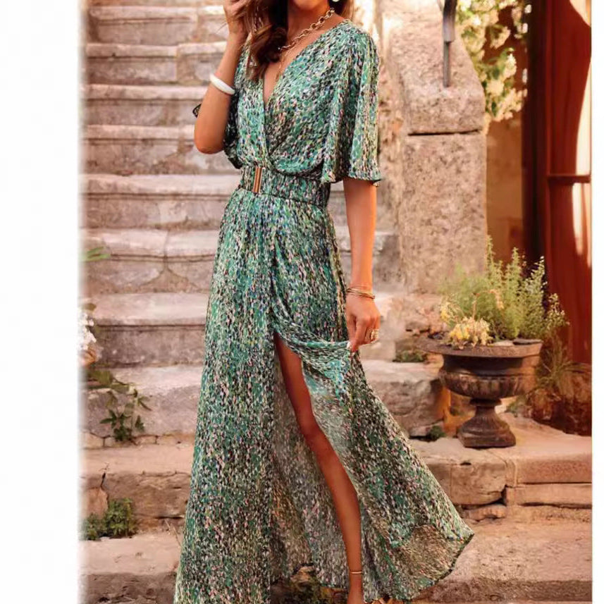 Lena Damen Maxikleid Sommer - Wickel V-Ausschnitt, Kurzarm, Gürtel Taille, Seitenschlitz, Elegantes Lange Kleid-3