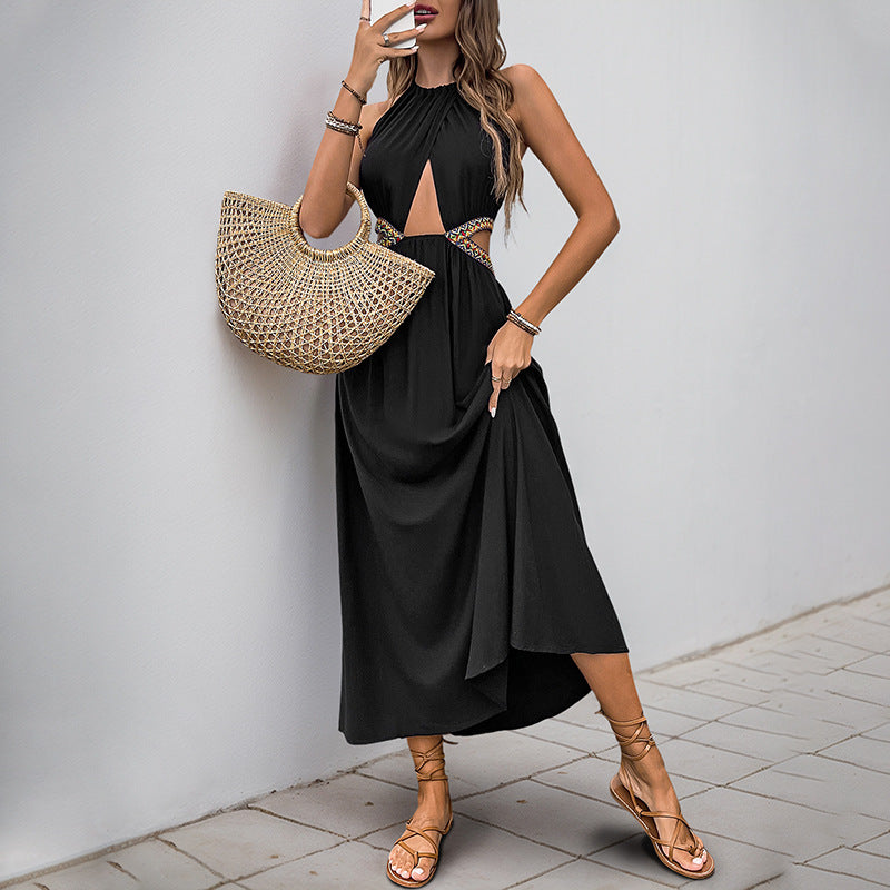 Lena Damen Halter-Nackenkleid Midi Sommer Kleid mit Knoten und Ausschnitt für Abendveranstaltungen-1