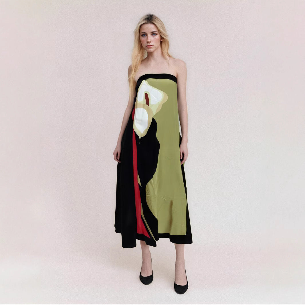 Variant image for Lena Trägerloses Midi-Kleid Damen - Leichter Stoff, Fließende Passform, Abstrakter Druck, Ideal für Sommer und Abendveranstaltungen-1