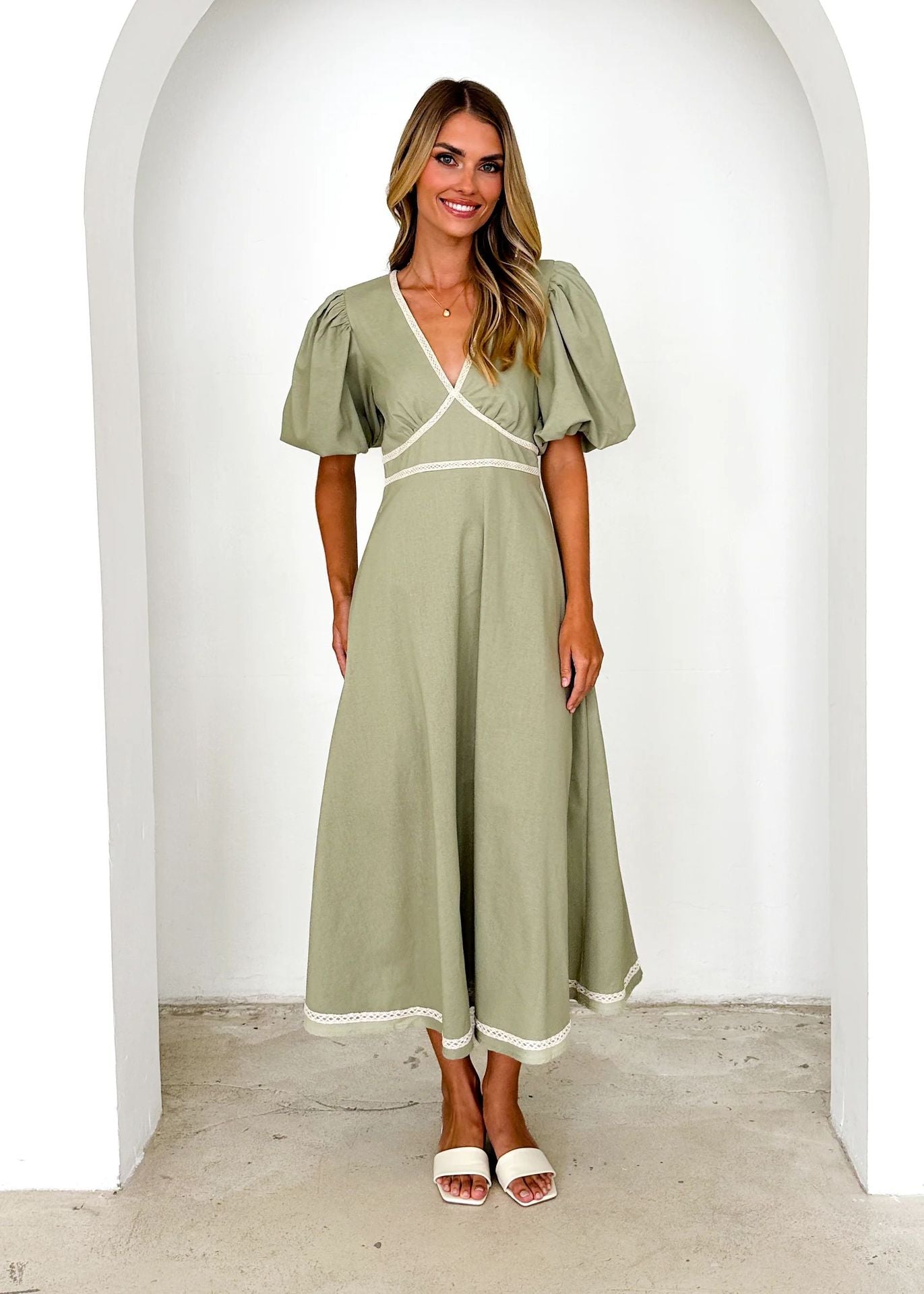 Orion Festliches Damenkleid Mit V-Ausschnitt Und Puffärmeln – Elegantes Kleid Für Hochzeitsgast Und Besondere Anlässe-5
