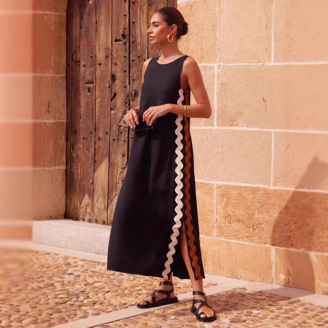 Lena Ärmelloses Midi Kleid Damen - Entspannte Passform für Sommerkleider, Stilvolle Seitenstreifen, Bequem und Vielseitig-3