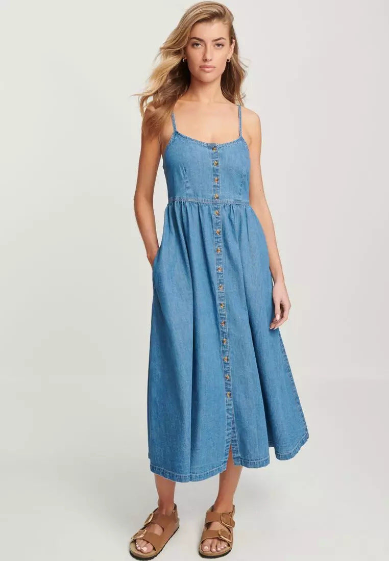 Variant image for Lena Damen Midi Kleid aus Jeansstoff - A-Linie Spaghetti-Träger für Sommerkleider Damen-1