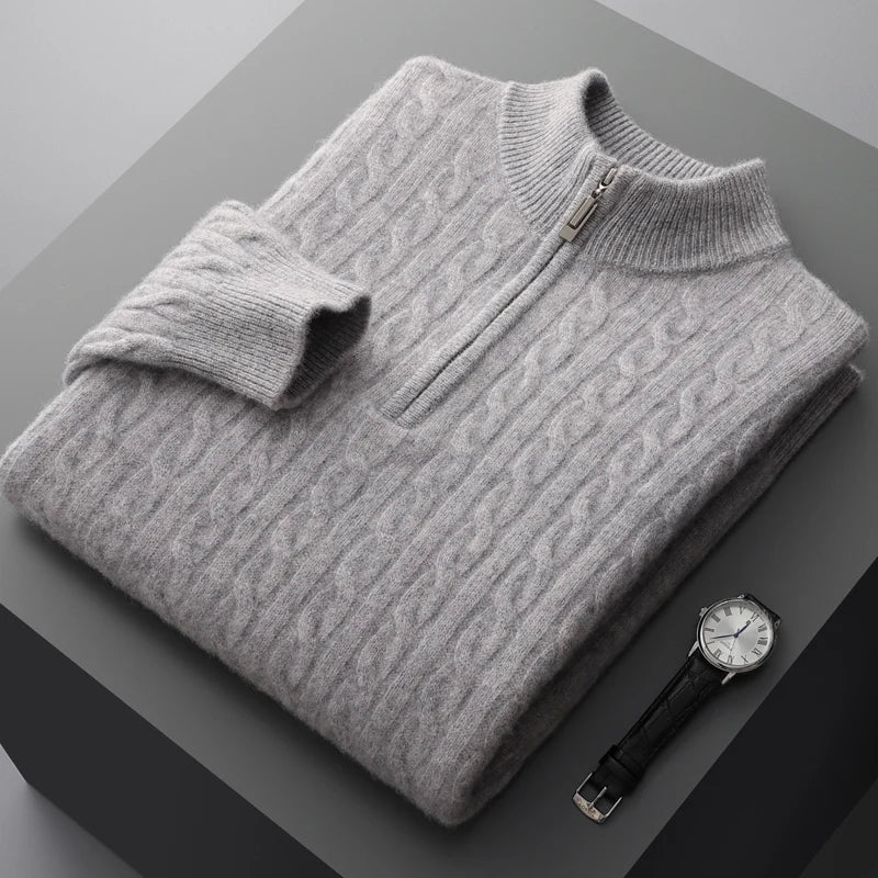 Variant image for Herren Pullover Grau Größe M Kaschmir-Wollmischung Kabelstrick Viertelzip-7