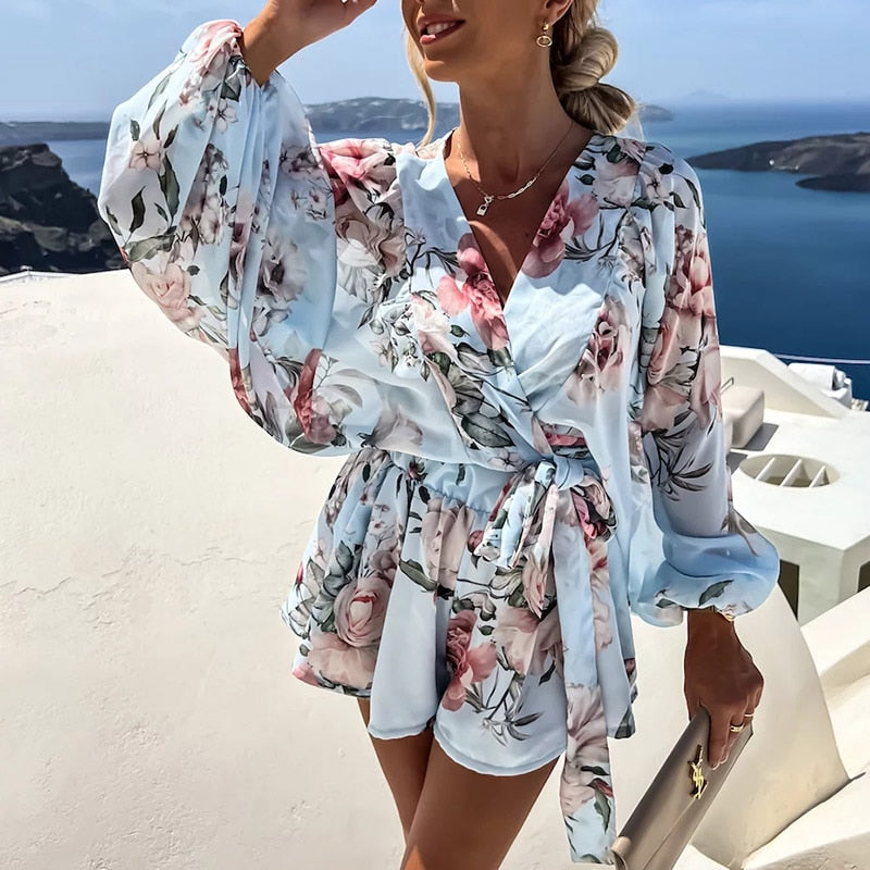 Variant image for Lena Wrap-Strampler Damen - Leichter Stoff - Langarm - Barockmuster - Fließende Shorts - Frühling/Sommer-16