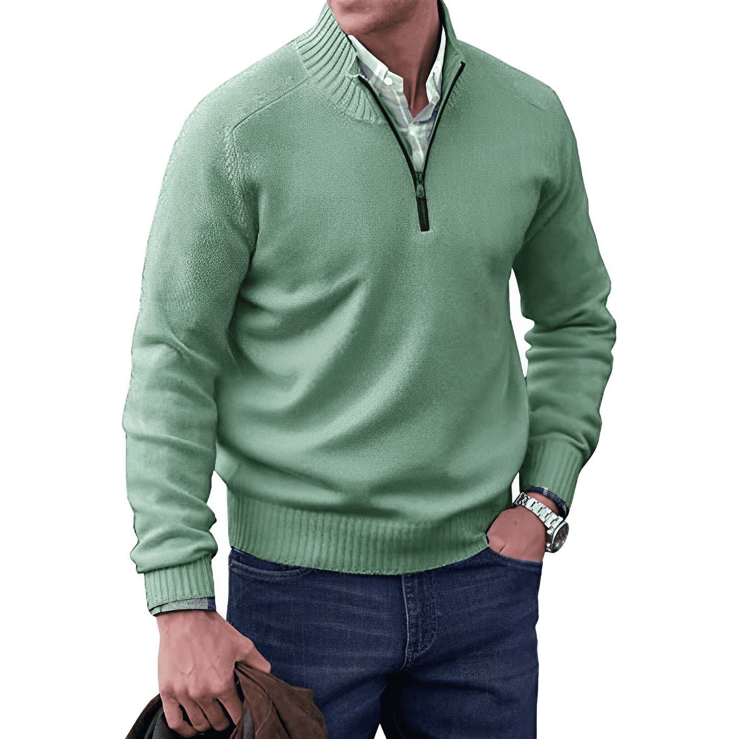 Herrenpullover Grau Größe M Strick Viertel-Zip-3