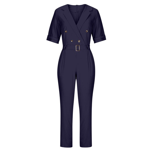 Variant image for Lena Jumpsuit Damen Elegant - Doppelbrust Wrap Design - V-Ausschnitt - Kurzarm - Schwarz - Perfekt Für Festliche Anlässe-11