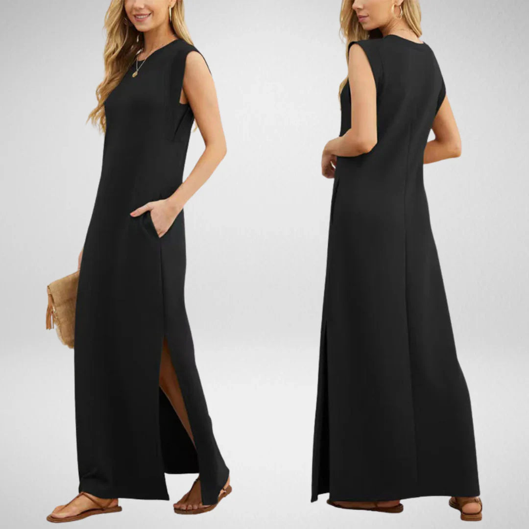 Odea | Langes Damenkleid mit Schlitz und Taschen für Sommer