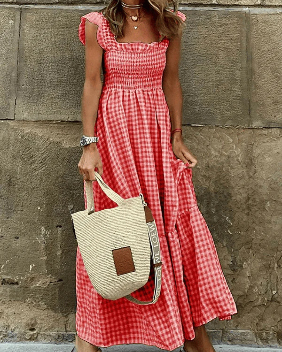 Mathilda – Gekreppte Maxi-Sommerkleid mit Karomuster