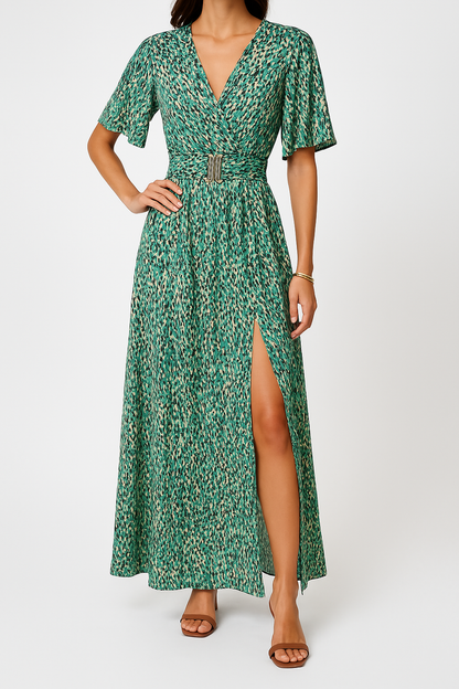 Variant image for Lena Damen Maxikleid Sommer - Wickel V-Ausschnitt, Kurzarm, Gürtel Taille, Seitenschlitz, Elegantes Lange Kleid-1