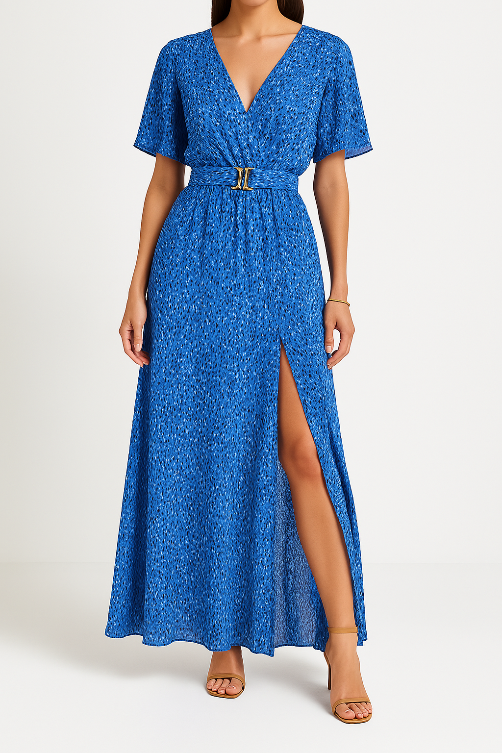 Variant image for Lena Damen Maxikleid Sommer - Wickel V-Ausschnitt, Kurzarm, Gürtel Taille, Seitenschlitz, Elegantes Lange Kleid-6