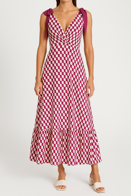 Variant image for Lena Maxikleid Sommer Damen - Ärmelos mit V-Ausschnitt und Krawattenschulter - Fließender Rock im Gedruckten Design-1