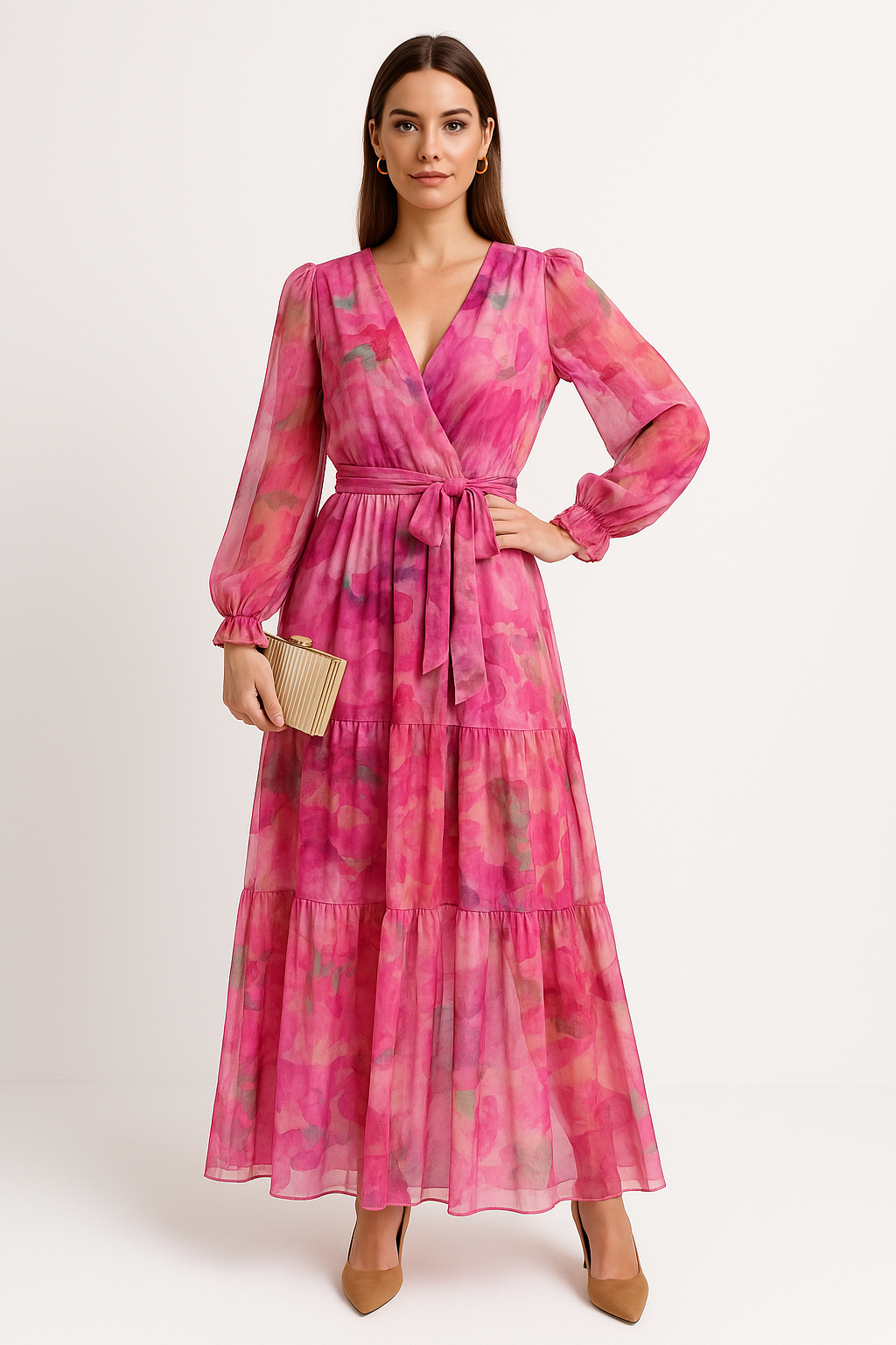 Variant image for Orion Maxikleid für Frauen - Langes Kleid mit V-Ausschnitt, Gürtel und gestuftem Rock aus leichtem Chiffon-1