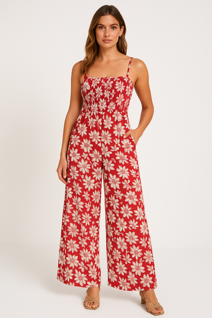 Variant image for Lena Damen Jumpsuit Weiß - Festlich Mit Blumendruck, Smocked Mieder & Weitem Bein - Ideal Für Sommerevents-1