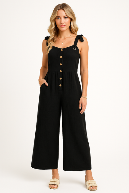 Variant image for Lena Damen Jumpsuit Sommer - Eleganter Overall mit Weitem Bein und Knopf-Detail, Schwarz Baumwollmischung-1