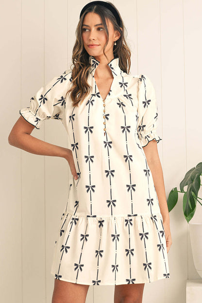 Damen A-Linien Kleid Weiß Größe M Baumwolle mit Puffärmeln und Bogendetail-5