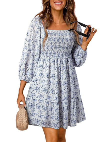 Variant image for Damen A-Line Kleid Blau Größe M Baumwollmischung Blumendruck Kurzarm Sommerkleid-5
