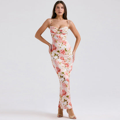 Variant image for Orion Elegantes Blumendruck Damenkleid - Slim Fit Satin mit Spaghetti-Trägern für Hochzeitsgast & festliche Anlässe-1