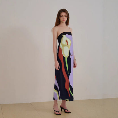 Lena Trägerloses Midi-Kleid Damen - Leichter Stoff, Fließende Passform, Abstrakter Druck, Ideal für Sommer und Abendveranstaltungen-4