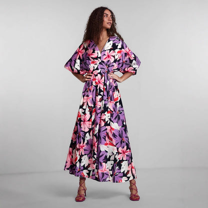 Lena Damen Midi Kleid - Hohe Taille, V-Ausschnitt, Breite Ärmel, Elegantes Sommerkleid für Hochzeitsgäste-1