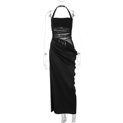 Variant image for Lena Maxikleid Sommer Damen - Elegantes Bodycon mit Halfterhals und Schieren Netzpaneelen für Abendmode-1