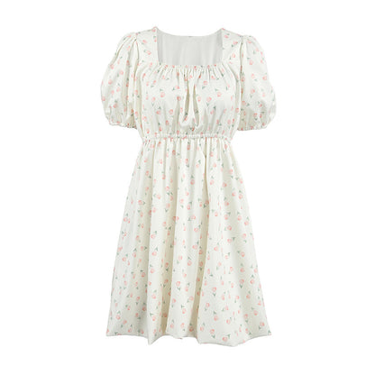 Damen A-Linien Kleid Blau Größe M Baumwollmischung mit Puffärmeln und Blumendruck-5