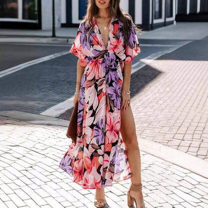 Variant image for Lena Maxikleid Damen – Wickelkleid Mit V-Ausschnitt, Hohe Taille, Kurzarm, Blumenmuster Für Sommer-16