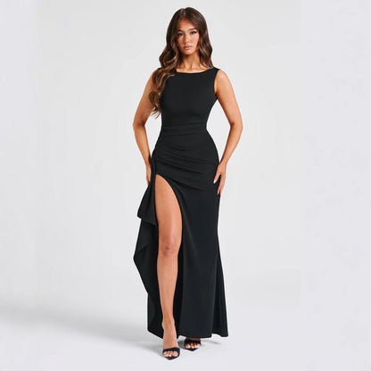 Lena Abendkleid Lang - Schlanker Pass, Satin-Feel, Ärmellos, Hoher Schlitz für Glamouröse Abende-1