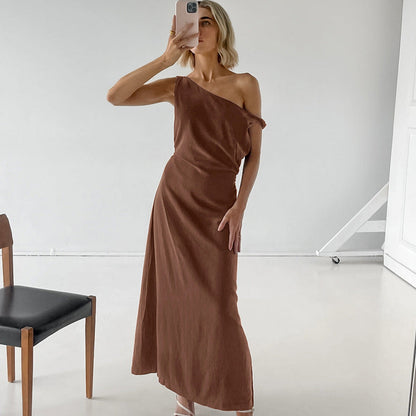 Damen One-Shoulder Kleid Beige Größe M Baumwoll-Leinen-Mischung - Elegantes Abendkleid für Hochzeitsgast und Sommerveranstaltungen-1