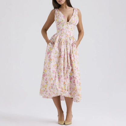 Lena Ärmelloses Midi-Kleid V-Ausschnitt A-Line Blumendruck Damenkleid für Frühling und Sommer-5