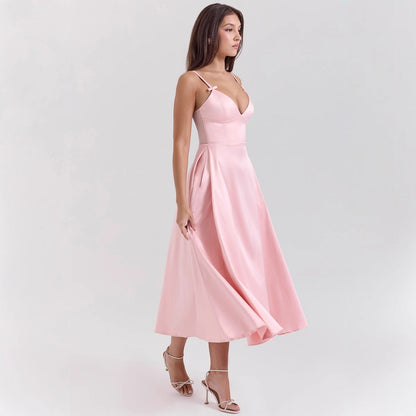 Orion Elegantes Satin-Kleid Damen - V-Ausschnitt Spaghetti-Träger A-Linie Festliches Kleid für Hochzeitsgast-3