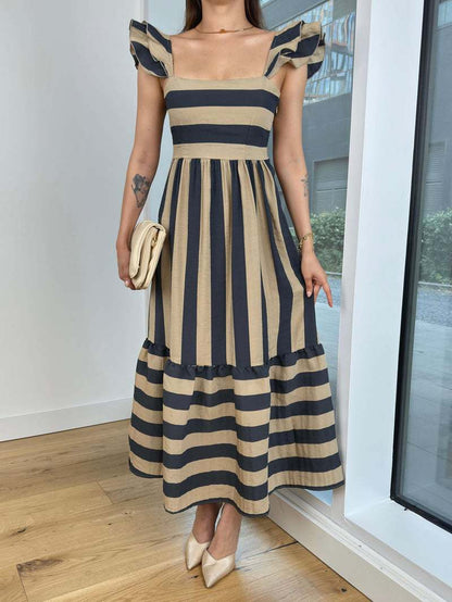 Variant image for Lena Midi Kleid Damen - Baumwollmischung mit Rüschen, Gestreift, Off-Shoulder, Sommerkleider Damen-5
