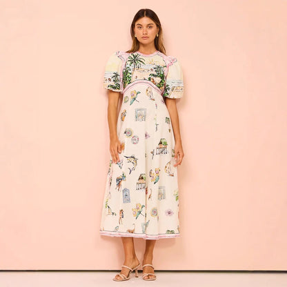 Variant image for Lena Damen A-Line Kleid mit Puffärmeln und Künstlerischem Druck – Elegantes Sommerkleid für Freizeit und Gartenpartys-1
