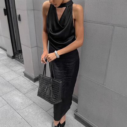 Orion Damen Midi Kleid - Satin Bodycon mit Halfterhals & Drapiertem Cowl-Ausschnitt für Abendveranstaltungen & Cocktailpartys-2