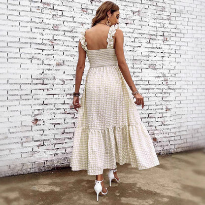 Lena A-Linie Kleid Damen mit Smocked Mieder und Maxirock – Kariertes Musterdesign für Frühling/Sommer-4