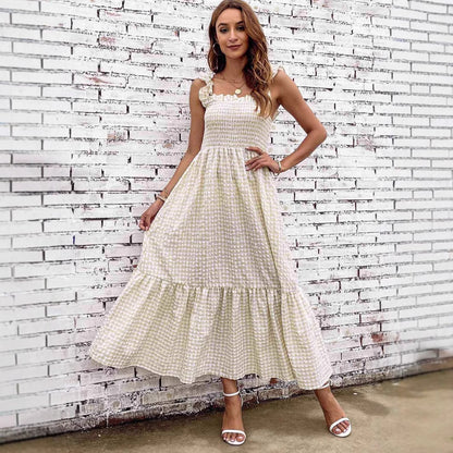 Lena A-Linie Kleid Damen mit Smocked Mieder und Maxirock – Kariertes Musterdesign für Frühling/Sommer-5