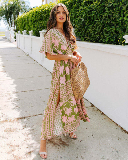 Lena Maxikleid Damen – Wickelkleid Mit V-Ausschnitt, Hohe Taille, Kurzarm, Blumenmuster Für Sommer-6