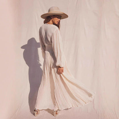 Lena Damenkleid Aus Leichter Baumwolle Mit V-Ausschnitt Und Langen Ärmeln Für Strand & Freizeit-4