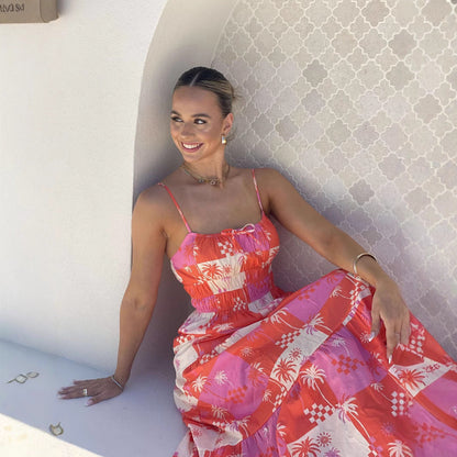 Lena Damen Maxikleid Sommer - Ärmellos Mit Spaghetti-Trägern Und Quadratischem Ausschnitt, Fließendes Patchwork-Design-4