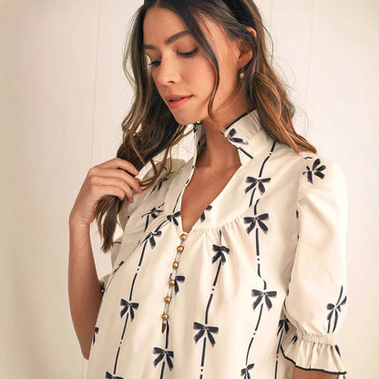 Damen A-Linien Kleid Weiß Größe M Baumwolle mit Puffärmeln und Bogendetail-4