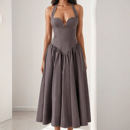 Lena Damen Midi Kleid - Satin-Feeling A-Line Halfterhals Offener Rücken - Perfekt für Hochzeiten Cocktailpartys und Abendveranstaltungen-2