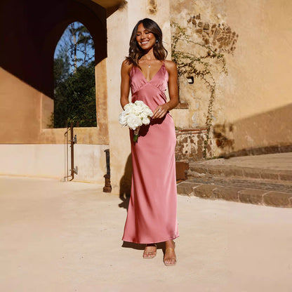 Variant image for Lena Satin Abendkleid Lang – V-Ausschnitt, Rückenfrei, Ärmellos, Seitenschlitz für Hochzeiten und Abendveranstaltungen-5